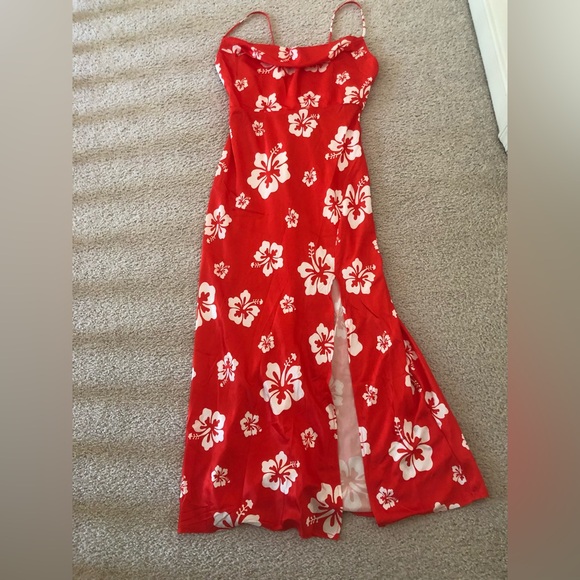 Runaway the label Red White Hawaiian maxi dress spaghetti trap with slit M - Picture 12 of 12